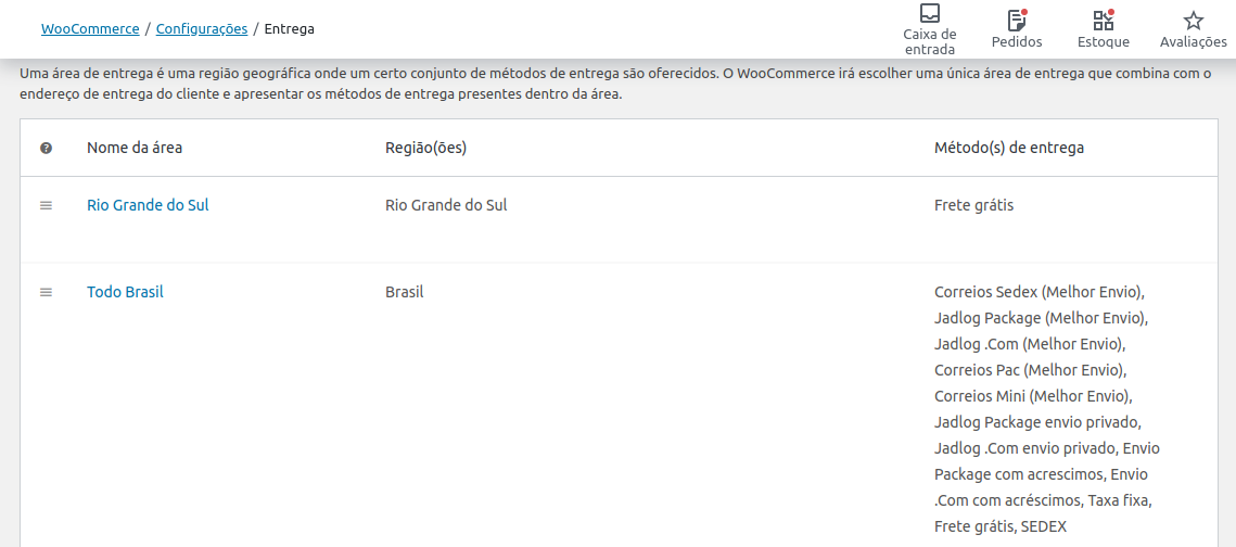 Áreas de entregas