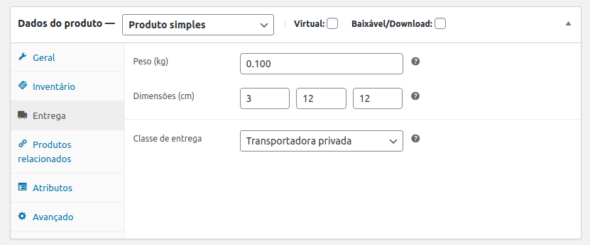 Configuração de entrega de cada produto