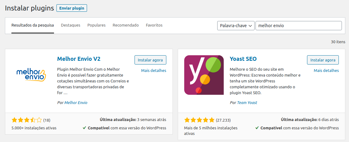 Buscando o plugin do Melhor Envio